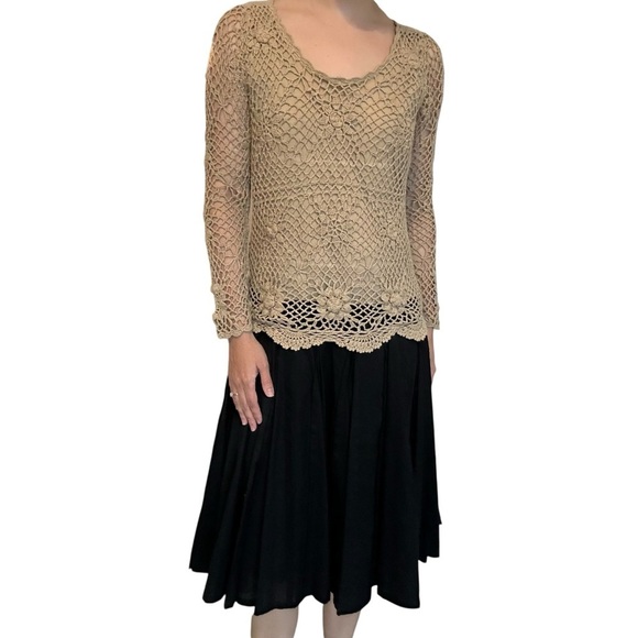 Vintage Long Sleeve Dress Crochet Bohemian Artsy Unique Black Tan Size 8 Medium - Picture 3 of 9